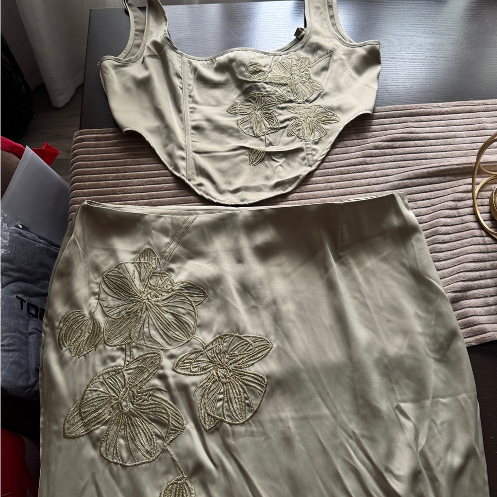 Embroidered Floral Satin Skirt in Light Olive
